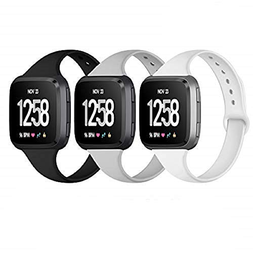 NANW Silicone Bands Compatible with Fitbit Versa/Versa 2 / Versa Lite Edition, Narrow Slim Soft Replacement Wristband Waterproof Accessories Sport Band for Versa Women Men, 3-Pack, Large Small