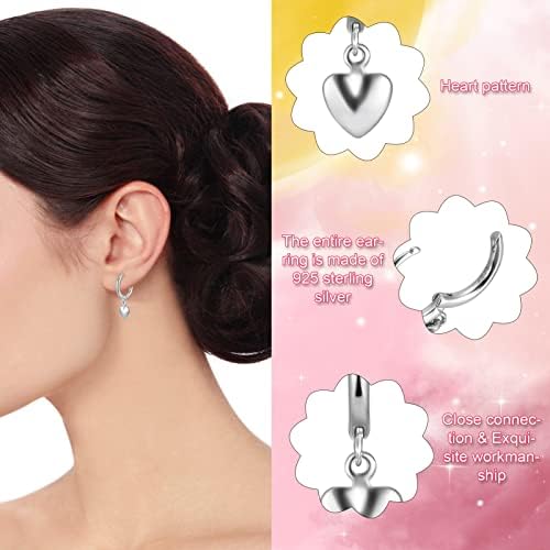 FRIUSATE Silver Dangle Hoop Earrings, S925 Heart Hoop Earrings Small Hoop Earrings with Cute Heart Charm for Women Girls Minimalist Jewelry Gifts Love Dangling Cuff Sleeper Hoops