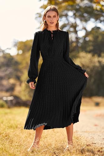 PRETTYGARDEN Women's 2025 Spring Fall Midi Dress Casual Long Sleeve V Neck Swiss Dot Pleated A Line Flowy Dresses (Black,Large) - Image 3