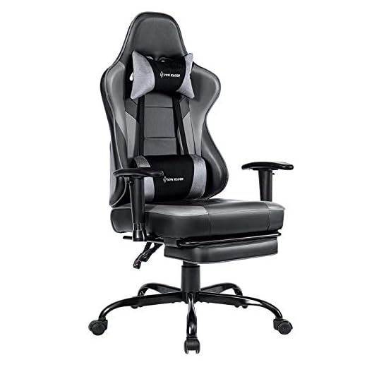 VON RACER Massage Gaming Chair - High Back Racing PC Computer Desk Office Chair Swivel Ergonomic Executive Leather Chair with Footrest and Adjustable Armrests, Gray/Black