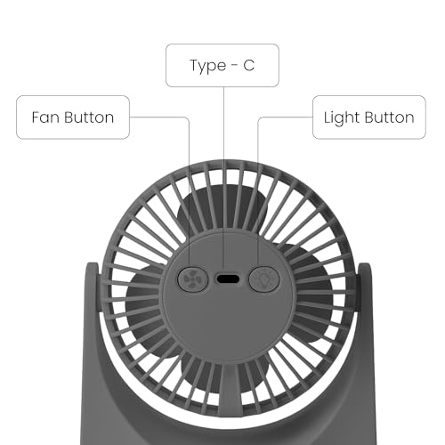 Image of OOGE Breeze 1000 Noise-Free Rechargeable Table Fan | 6 Inch Compact Design | 8 Ft Air Throw | ROHS Certified & Child Safe | Night Light | USB Charging | Portable Desk Fan for Home & Office (Grey)
