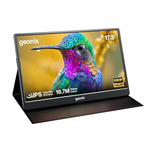 Image of GEONIX 17.3 inch Full HD 1080p IPS Portable Monitor, Ultra-Slim, IPS, 350 Nits Brightness, Foldable Kickstand Cover, Dual Speakers, USB-C & Mini HDMI, for Laptop /Phone /Console, 1 Year Warranty (Black)