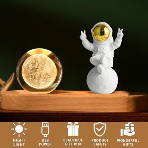 Image of One94Store 3D Crystal Moon Lamp - Engraved LED Light with Astronaut, USB-Powered Table Lamp, Wooden Base, Romantic Home & Office Decor, Bedroom, Anniversary, Birthday Gift (Warm White)