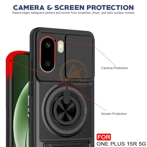 Image of OnePlus 15R 5G Back Cover | Armor Camera Slider 360 Degree Rotating Finger Ring Holder Case with Bracket Stand Back Case Cover (Compatible with MagSafe Accessories) (Black)