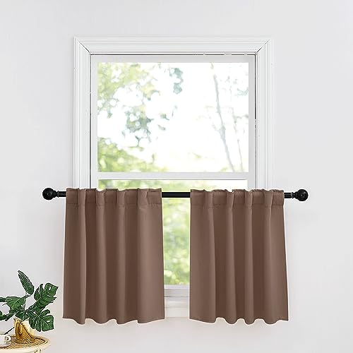 Image of RYB HOME Kitchen Window Curtains - Blackout Privacy Half Window Curtains for Bedroom Bathroom Dining Living Room Cafe Office Short Tiers Drapes, W 34 x L 36 inches, 2 Panels, Mocha