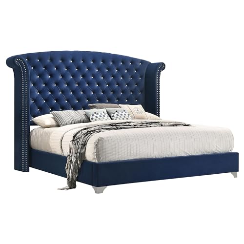 Coaster Home Furnishings - Melody - Wood - Upholstered Wingback Eastern King Panel Bed with Button Tufting, Nail Head Trim, Chrome Legs, and Curved Headboard - Bedroom - Pacific Blue - 223371KE