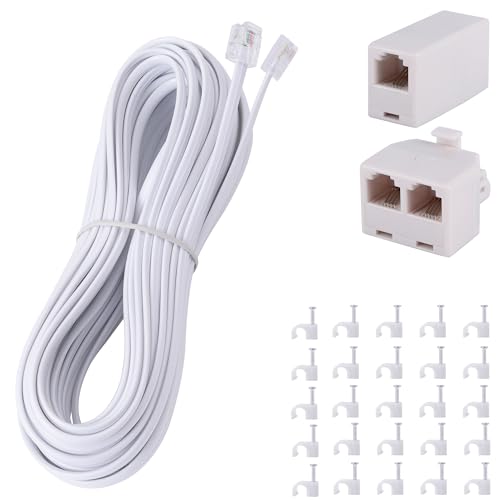 Cable de teléfono de 50 pies blanco con conector RJ11 acoplador divisor y 25 clips