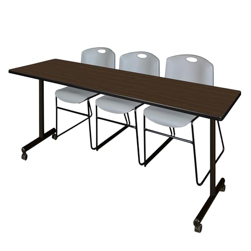 Image of Regency Kobe 84 x 24 in. Mobile T-Base Training Table- Neo Walnut, 2 Zeng Stack Chairs- Grey