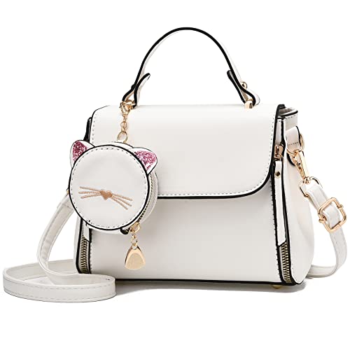 I IHAYNER Fashion Purse and Handbags for Girls Leather Top Handle Satchel Ladies Small Crossbody Shoulder Bag for Women with Kitty Purse White