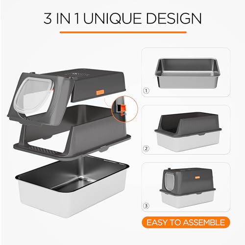 Image of Anywish Stainless Steel Cat Litter Box with Lid, XL Extra Large Enclosed Removable Metal Litter Box with Litter Scoop&Double Layer Litter Mat, Non-Sticky, Non-Odor, for Big Cats Dark Grey