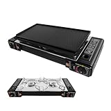 2-in-1 Camping Gasgrill Set Gaskocher 2-flammig mit Grillplatte, Automatischen Piezozündung, Campingkocher für Butan oder Gas 2500W