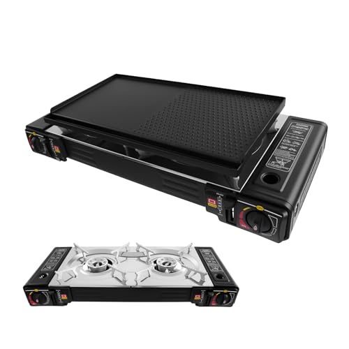 2-in-1 Camping Gasgrill Set Gaskocher 2-flammig mit Grillplatte, Automatischen Piezozündung, Campingkocher für Butan oder Gas 2500W