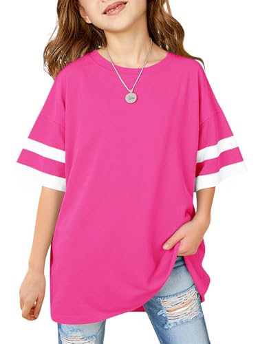 Image of Girls Oversized T Shirts Kids Summer Striped Short Sleeve Tops Casual Crewneck Tees 5-14 Years