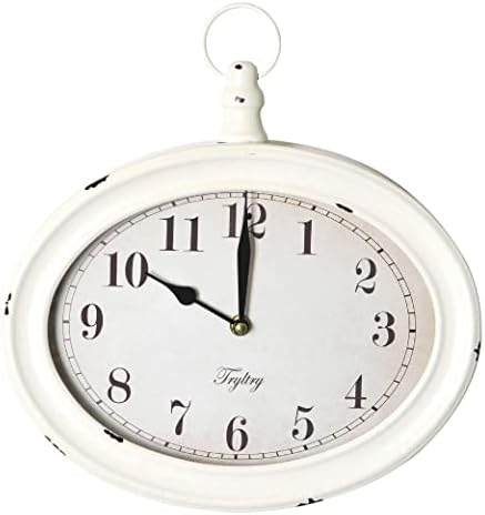 TRYLTRY White Oval Retro Wall Clock , Rustic Vintage Style, Antique Old Fashioned Design, Battery Operated Silent Decor Wall Clocks for Kitchen,Farmhouse,Office , White Oval