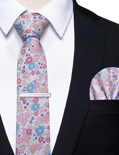 Image of YourTies Cotton Floral Tie for Men 2.5 inch Printed Skinny Necktie Pocket Square Tie Clip Set Flower Wedding Party Groom