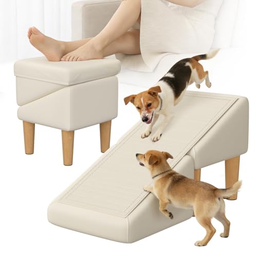 Split Ottoman Dog Ramp, 23-Degree Puppy Ramps for Small Dogs, Solid Wood Anti-Slip Dog Ramp for Couch, Includes Removable Anti-Slip Mat and Seat Cushion, for Small and Injured Dogs & Cats by GenxQian - Used condition - US$29.67