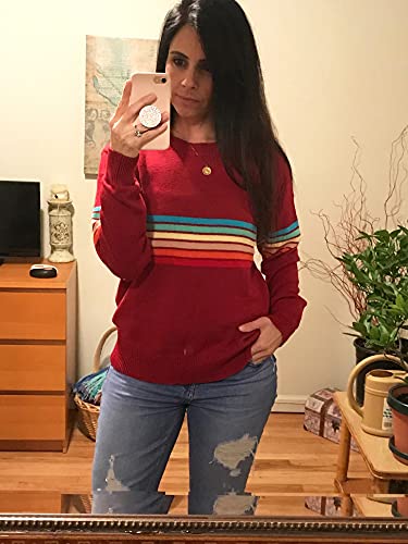 Ecowish Women's Sweater Rainbow Colorful Striped Sweaters Long Sleeve Crew Neck Color Block Casual Pullover Blouse Tops Wine Red Small #TOP2