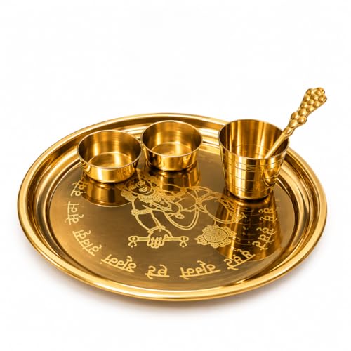 Image of Traditional Brass Puja Thali Set for Mandir & Festivals | Brass Aarti Thali Plate for Bhog, Diya & Pooja Rituals | Ideal for Diwali Navratri Karwa Chauth Home Temple Decor (Set of 5)