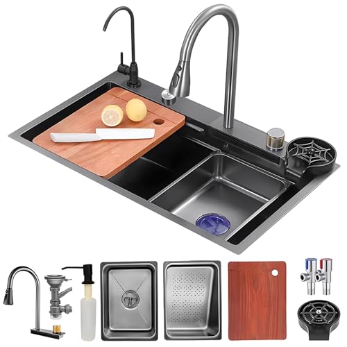 Fregadero de Cocina,Fregadero de Cascada,con lavavasos,Fregadero de Barra,instalación empotrada o bajo encimera,lavavasos presurizado (Gris D,75 x 46 x 22 cm)