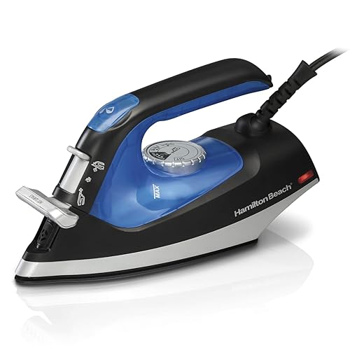 Hamilton Beach 2-in-1 Iron & Garment Steamer for Clothes with Continuous Steam Nozzle 5 Temperature Settings, Nonstick Soleplate, 1200 Watts, 8’ Cord, Blue/Black