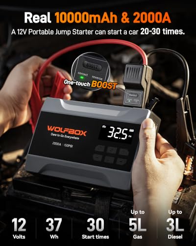Image of WOLFBOX MV10A 2000A Jump Starter with Air Compressor, 37Wh Car Battery Jumper Starter Portable (5L Gas /3L Diesel Engines) with 150PSI Tire Inflator, 12V Jump Box with Jumper Cables, Boost, LED Light