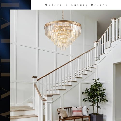 Image of Modern Gold Crystal Chandelier 35 inchLarge Chandeliers for High Ceiling Foyer
