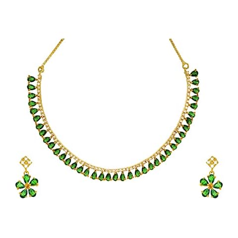 Jewar Indian Necklace Set AD CZ Elegant Gold Plated Sparkling Crystals Choker with Earrings Jewelry for Women | Traditional Ethnic Wear | Perfect for Weddings, Festivals, Parties, and Gifts - Green Cover