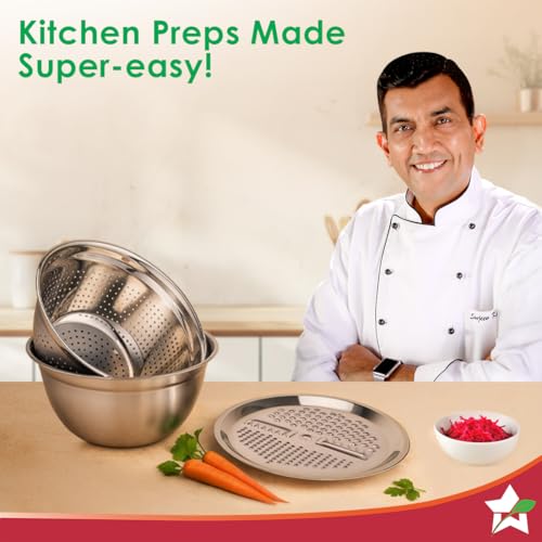 Image of Wonderchef Modena Stainless-Steel Bowl with Strainer, Grater | Multi-Slot Lid for Fine /Coarse Grating | Food-Grade, Non-Corrosive, Sturdy | Anti-Skid | 1-Year Warranty