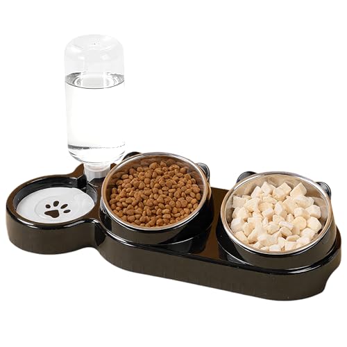 3 in 1 Katzenfutter und Wassernapf Set, geneigte Edelstahlnäpfe mit Ständer, Doppelte Futternäpfe mit Wasserspender, Haustier Futterstation für Katzen Kleine Hunde, Schwarz