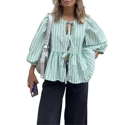 Women Y2K Peplum Puff Sleeve Shirts Teen Girls Lace Up Babydoll Ruffle Hem Blouse Tie Front Cute Summer Tops