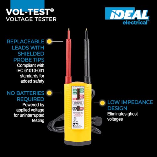 Image of Ideal Electrical Vol-Con Solenoid Voltage Tester, CAT III 600V, AC /DC Detection, Vibrating Alert, Low Impedance, LED & Neon Indicators, Replaceable Shielded Leads, Rugged & Reliable Electrician Tools
