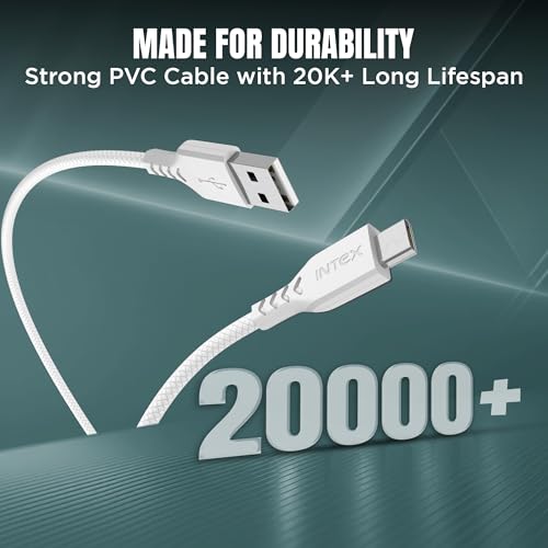 Image of Intex Speed 3A USB to Micro Fast Charging Cable Output Cable, 480mbps, Data Sync, Strong PVC Cable for Mobile, Neckband, Compatible with Micro Devices - White