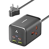 Ambrane 6-in-1 Power Hub Charger 65W Fast Charging, 6 Ports - 2 Type-C, 2 USB, 2 AC Sockets (2500W), Multi-Port Desktop Charger for Laptop, iPhone, Android, Portable Charging Station (Charge Hub 65)