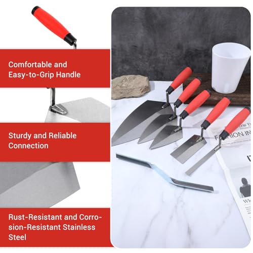 AOZUO 6 Pcs Masonry Hand Tool Set, Stainless Steel Concrete Tools Set - 11\" x 5-1/2\" Philadelphia, 2Pcs Pointing Trowel, 5\" x 2\" Margin, 1/2\" Tuck Pointing Trowel, 5/8” x 1/2” Convex Brick Jointer
