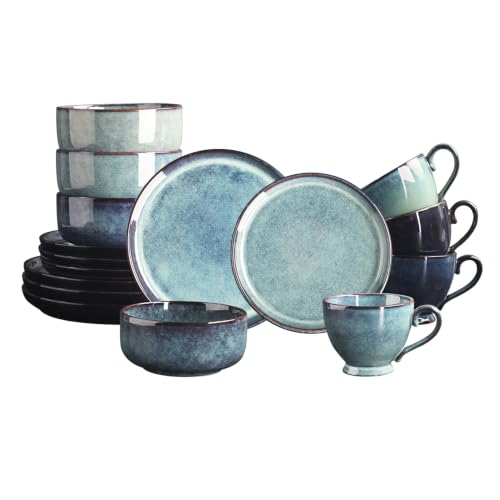 Image of Ceramic Dinnerware (16 pcs) Serve 4 people, Plates and Bowls Sets,Handmade Reactive Glaze Dishes Set,Chip Resistant and Scratch Resistant,Dishwasher, Microwave Safe