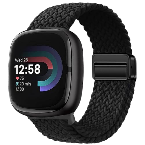 Braided Magnetic Bands Compatible with Fitbit Versa 4/Fitbit Versa 3/Sense 2/Sense 1 Soft Stretchy Elastic Nylon Sport Loop Strap for Women Men (Black)