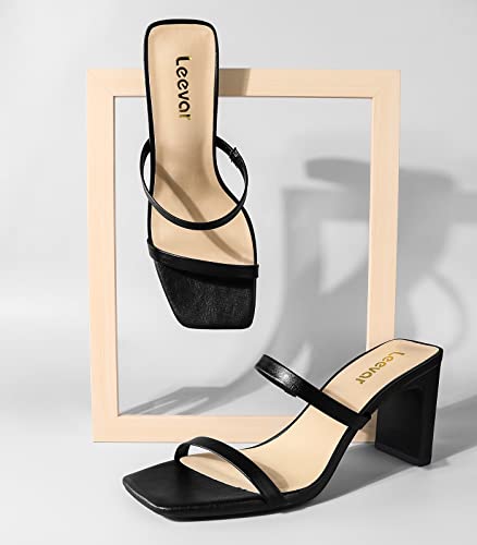 Leevar Square Toe Heels Sandals - White Black Nude Heels Chunky Two Strap Low Heels for Women Leather Mule Sandals Slip On Block Heels for Party Dating Daily Standard Size 2.75 Inch2