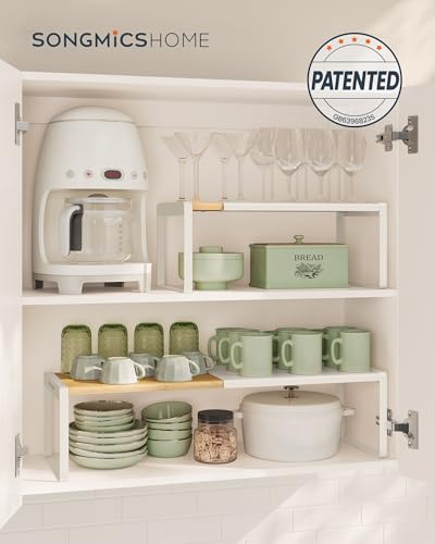 SONGMICS HOME Spice Racks Set of 2 - Adjustable Kitchen Organiser Shelves for Cupboard and Countertop Storage, Stackable Bamboo and Cream White Design - Image 3