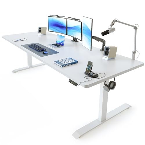 Image of FEZIBO 83 x 37 Inch Standing Desk with Integrated Dual-Beam, Cable Management, 3 Memory Height Adjustable Computer Desk for Home Office Workstation, 1 inch Thick Large 3-Piece Desktop White