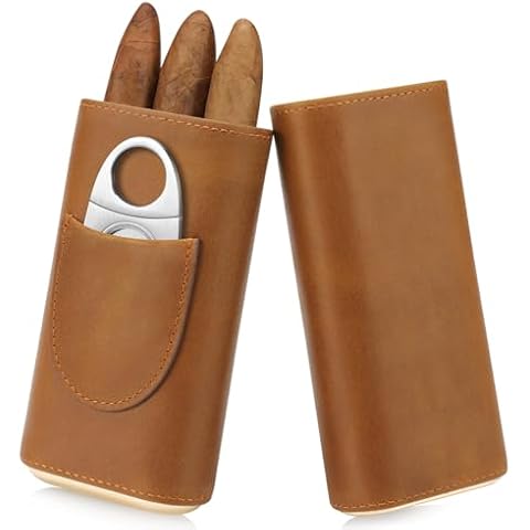 Ringsun Genuine Leather Cigar Cases - 3 Finger Cigar Case Travel Cigar Holders for Men Cigar Accessories with Cedar Wood Lining & Stainless Steel Cigar Cutter (Brown) Cover