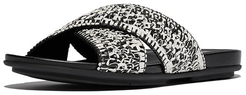 FitFlop Women's Gracie Woven Cross Slides Wedge Sandal, Black/Ivory Mix, 9