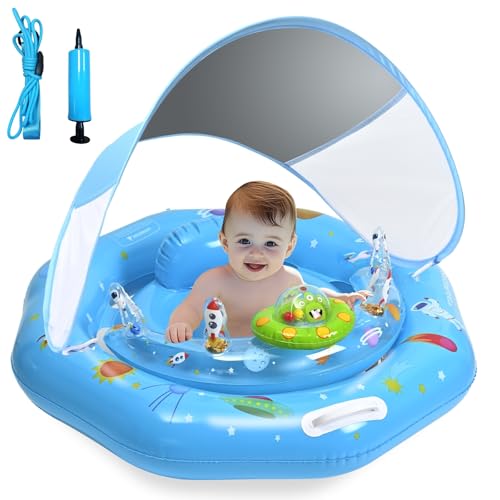 Baby Pool Float with Canopy, Inflatable Baby Swim Float with UPF50+ Sun Protection, Infant Pool Float with Toy Play Console,Safety Handles &...