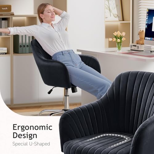 Image of AZAKEE Velvet Office Chair with Wheels & Armrests - Mid-Back Swivel Desk Chair for Home Office, Study, Bedroom & Vanity - Adjustable Height, Comfortable & Stylish (Black)