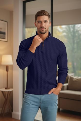 Askdeer Men's Quarter Zip Sweater Waffle Knit Sweater Mock Neck Polo Sweater Casual Pullover Sweater with Ribbing Edge4