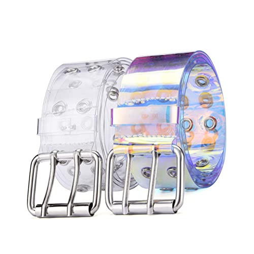 2Pcs Stylish Double Hole Leather Belt for Men Women Retro Casual Design Grommet Pin Buckle for Jeans Pants and Dresses Transparent Colorful