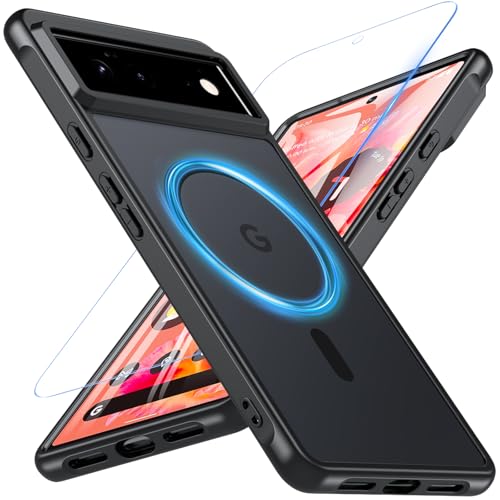 Cum2giff Upgraded Magnetic Shockproof Case for Google Pixel 6 with Screen Protector, [Compatible with MagSafe],12FT Military Grade Drop Protection Slim Translucent Matte Anti-Dirty Phone Cover,Black