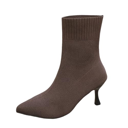 Botas de calcetín para mujer, monocolor, botines de punto, botas cortas, botas de ocio, transpirables, botas sexies, botas de punto gruesas, zapatos de mujer, marrón, 37 EU
