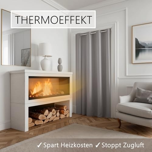 tinycurtains, Thermo Türvorhang mit Teleskopstange, einfache Montage in nur 1 Minute ohne Bohren (Türgardine hellgrau H200 x B150 cm +… – Ansicht 3