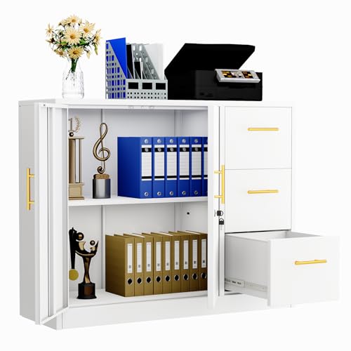 pozdeg 3 Drawer Lateral File Cabinet, Heavy-Duty Metal Lockable Filing Cabinet with 2 Doors, Fire &...