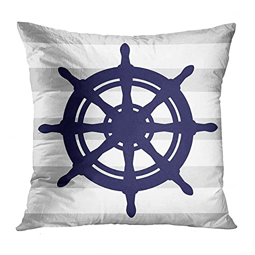 Emvency Set Of 4 Throw Pillow Covers Summer Costal Navy Blue White And Gray Stripe Helm Anchor Boat Star Decorative Pillow Cases Home Decor Standard Square 18X18 Inches Pillowcases #TOP1